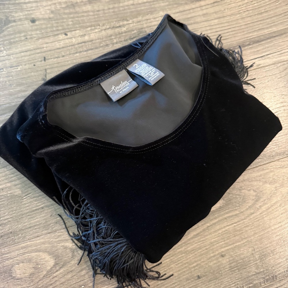 Chicos Travelers Black Velvet Asymmetrical Fringe Tunic Top Size 2 L Large